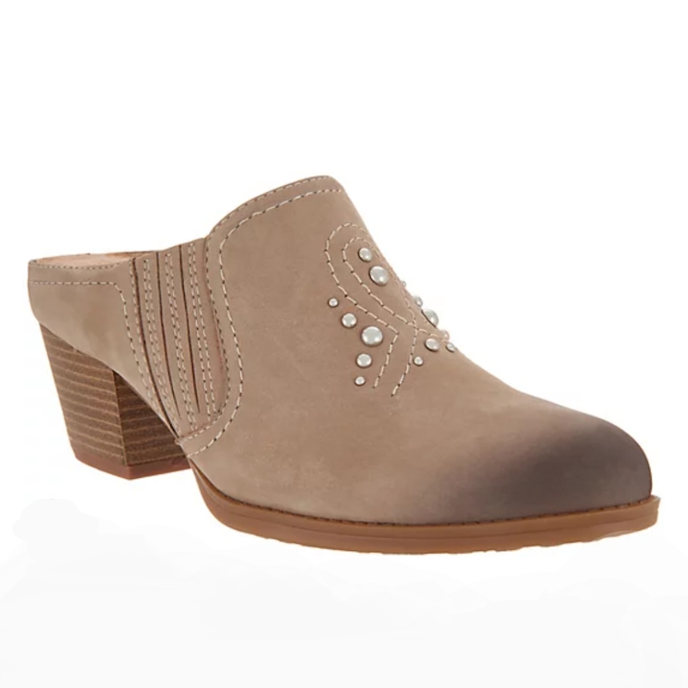 Earth Mendon Boho/Western Studded Taupe Nubuck Leather Mules